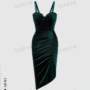 SHEIN MOD Frill Trim Ruched Asymmetrical Hem Velvet Cami Dress